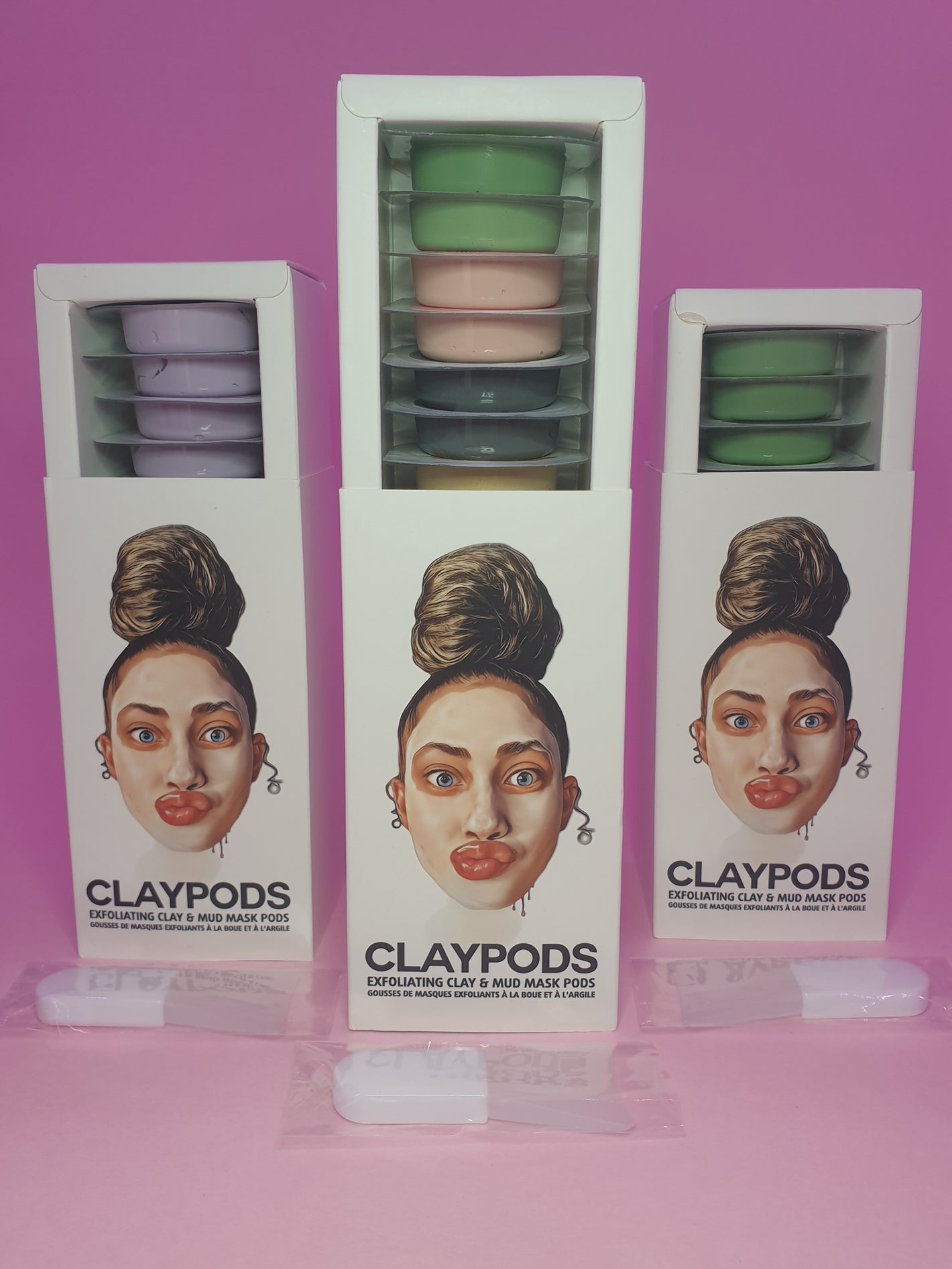 3 boxes of clay pods with mud mask brushes. Eggplant, Dead Sea and Green Tea